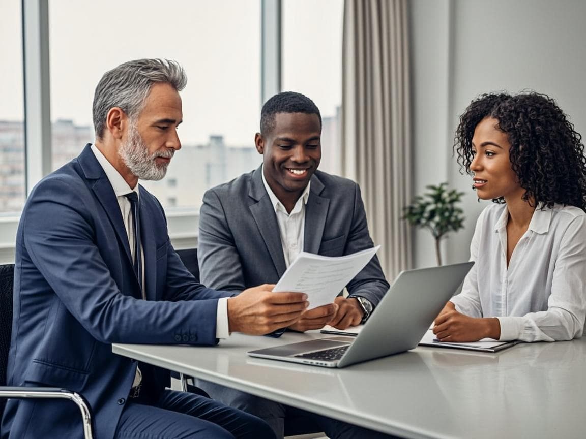 Consultant explaining business documents to two owners
