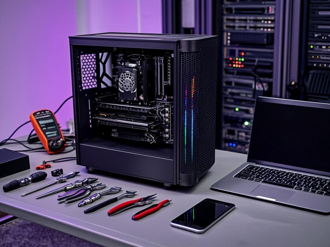 IT repair workbench with an open desktop computer and tools