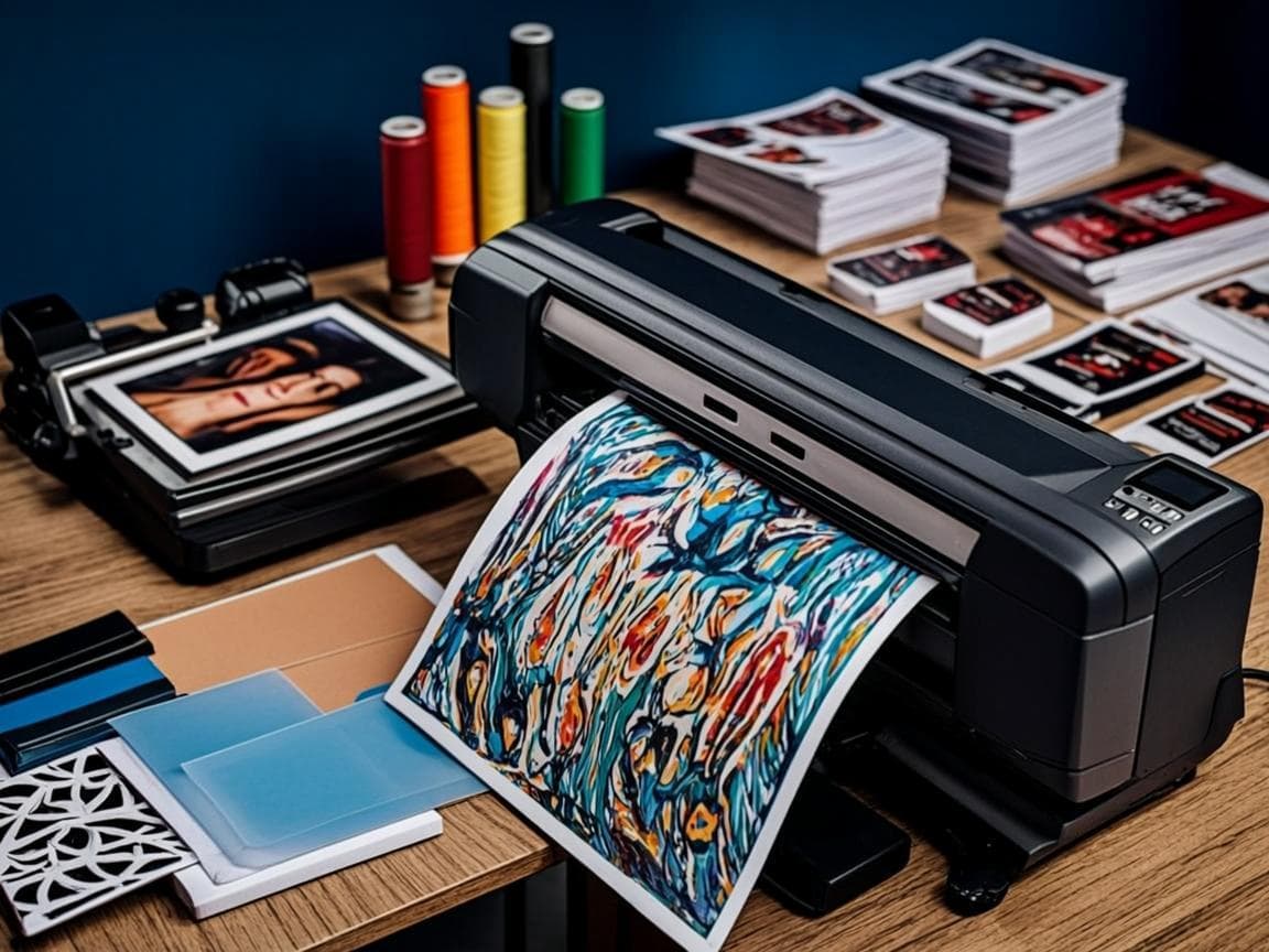 DTF printer, sublimation press, vinyl rolls and stencils in the Lapiska print studio
