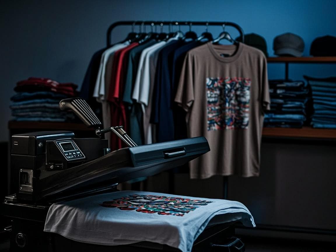 Branded t-shirts on a display rack next to a heat press machine