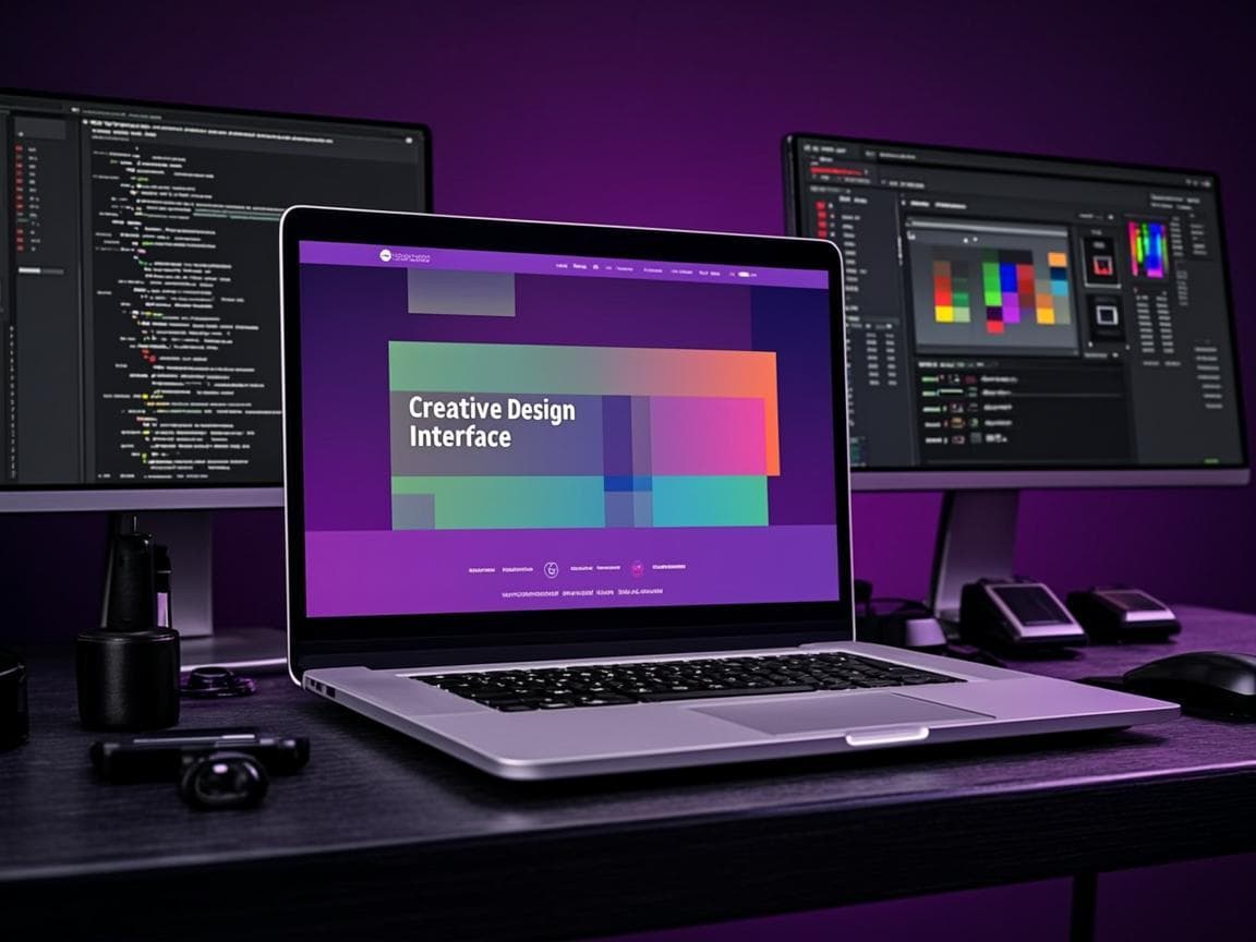 Laptop and monitors showing a website under development